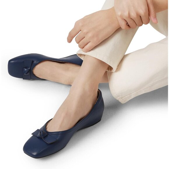 Dream Pairs Women's Navy Faux Leather Square Toe Low Wedge Ballet Flats Shoes - Picture 5 of 6